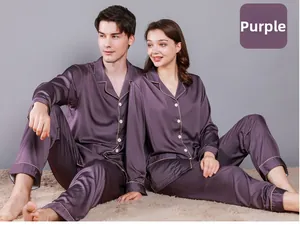 Detail of purple silk pajamas with gold piping and satin finish on sleeve and collar