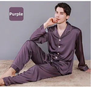 Detail of purple silk pajama set with contrast piping and button-down collar