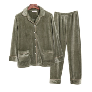Olive green velvet pajama set with waffle texture and contrast piping detail
