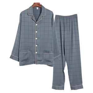 Men's dark gray silk pajama set with long sleeves, plaid pattern and white piping