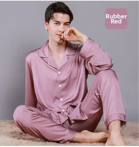 Detail of dusty pink silk pajama set with classic lapel collar and contrast piping finish