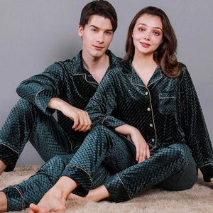 Couples Velvet Pajama Top And Pants Rhombus Pattern Contrast Piping Turn Down Collar Long Sleeve Sleepwear For Men Women