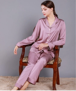 Elegant mauve satin pajamas for women featuring a lapel collar and contrast piping detail