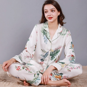 Women's Satin Pajama Top And Pants Loungewear Tropical Floral Bird Print Button Down Sleepwear Long Sleeve Home Wear