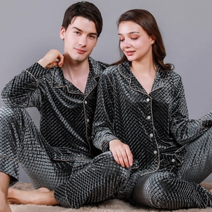 Couples dark gray velvet pajama set with diamond quilting and contrast piping details