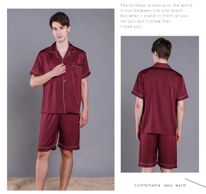 Detailed front and back views of men's burgundy satin pajamas with white piping details