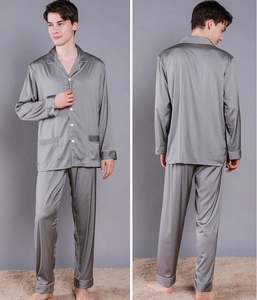 Detailed front and back view of men's gray silk pajama set with gold piping and buttons