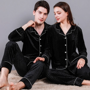 Classic black velvet pajama set with white piping and lapel collar for couples