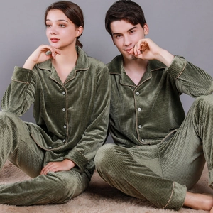 Couples waffle knit velvet pajama set in sage green featuring classic lapel design