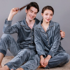 Gray-blue waffle knit couple pajamas set with button-down lapel collar and long pants