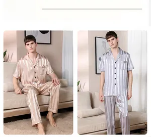 Vertical striped satin pajamas for men featuring short sleeves and classic lounge pants