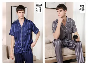 Detail of men's striped silk pajamas in navy and grey with short sleeves and pocket