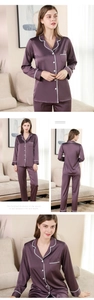 Detail of silk pajamas with lace trim on the collar and cuffs in deep purple color