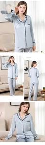 Silk satin pajama set in silver blue with black lace trim on collar and sleeves