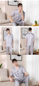 Detailed views of men's silver grey striped silk satin pajama set with short sleeve top