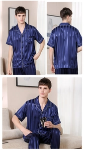 Detail view of men's dark blue striped satin silk pajamas set with short sleeves and pants