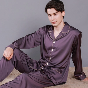 Men's Satin Pajamas Suits Long Sleeve Top And Pants Sleepwear Contrast Piping Pockets Loungewear Homewear Suits