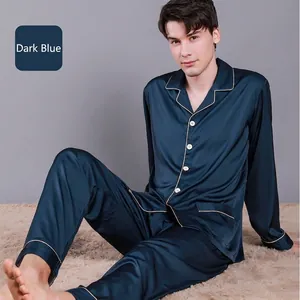 Men's dark blue silk pajamas set with long sleeves and light-colored piping detail