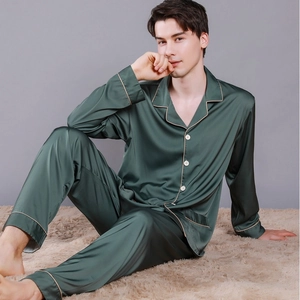 Men's dark green silk satin pajama set with long sleeves and notched lapel loungewear
