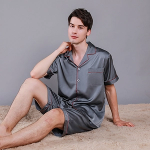 Men's Satin Pajamas Short Sleeve Top And Shorts Loungewear Contrast Piping Button Down Sleepwear Home Suit Soft Nightwear