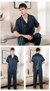Detail of navy blue striped men's silk pajama set showing short sleeves and long pants