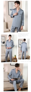 Détail d'un pyjama en soie bleue pour homme avec passepoil contrasté et poche poitrine