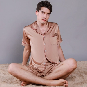 Men's champagne satin silk pajama set with short sleeves, shorts and red piping