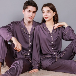 Luxurious Satin Couple Pajamas Long Sleeve Button Down Loungewear With Contrast Piping For Men And Women Sleepwear Suit