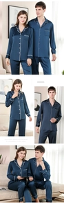 Détails de pyjamas en soie bleu foncé pour couples avec passepoil contrasté et dentelle