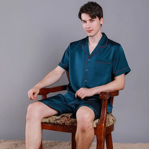 Men's ice silk pajama set with short sleeves and shorts in deep peacock blue satin