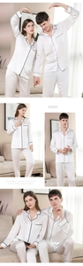 Détails du pyjama élégant en soie blanche pour couple avec passepoil noir chic