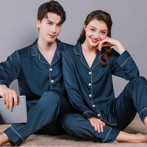 Couples navy blue silk-like long sleeve pajama set with contrast piping and lapels