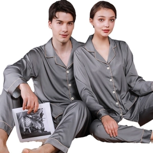 Dark grey satin couples pajamas set with long sleeves and contrasting piping details