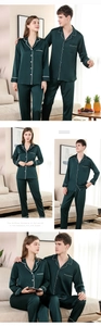 Détail du pyjama en soie vert foncé avec passepoil blanc au col et aux poignets