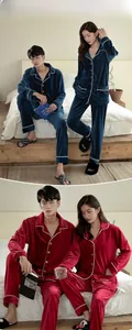 Close-up of velvet couple pajamas with contrast piping and button-down pocket detail