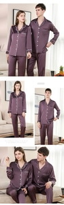Détail de pyjamas en soie pour couples en violet foncé avec passepoil blanc contrastant