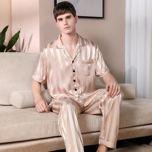 Men's striped silk pajama set featuring short sleeve button-down shirt and long pants