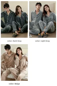 Detailed close-up of thick velvet couple pajama sets in dark gray, light gray and beige