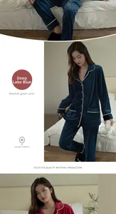 Detail of premium velvet pajamas featuring classic contrast piping and button-down collar