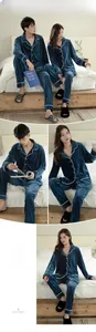 Detail of dark lake blue velvet couple pajamas with white piping and lapel collar