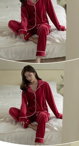 Detail of dark red velvet pajama set showing plush texture and white piping details