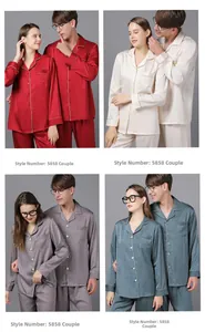 Detail of silk pajama sets for couples featuring jacquard patterns and contrast piping trim