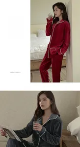 Detailed view of warm velvet pajama sets with contrast piping and notch lapel design