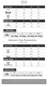 Detailed size chart for silk couple pajamas set with measurements in centimeters