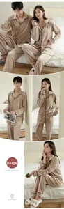 Close-up of beige velvet couple pajamas with black piping and button-down cardigan
