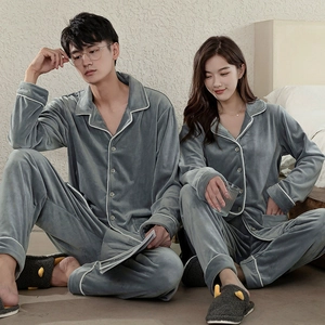 Thick grey island velvet couple pajamas set with classic button-down long sleeves