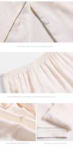 Detail showing button placket, elastic waistband and fine stitching on silk pajamas