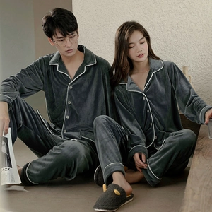 Thick velvet couple pajamas set with button-down long sleeves and trousers in dark grey