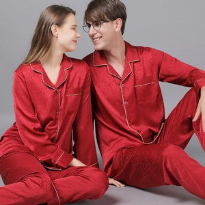 Luxurious Satin Jacquard Couple Pajama Long Sleeve Top And Pants With Contrast Piping Paisley Damask Sleepwear Loungewear