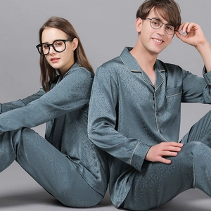 Luxurious grey-blue silk couple's pajama set with intricate paisley floral patterns
